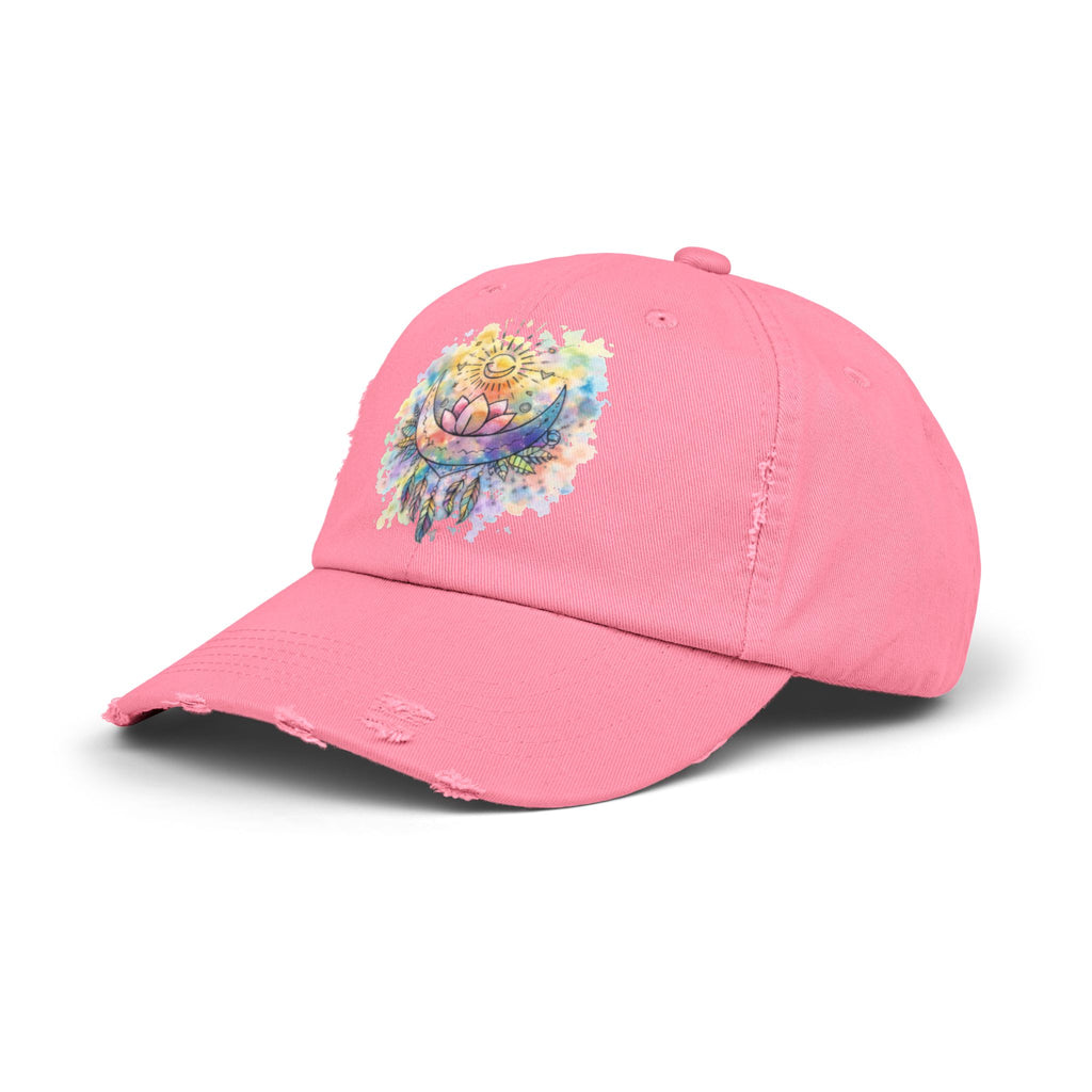 Distressed Cap with Watercolor Lotus & Crescent Moon — Boho Yoga Hat
