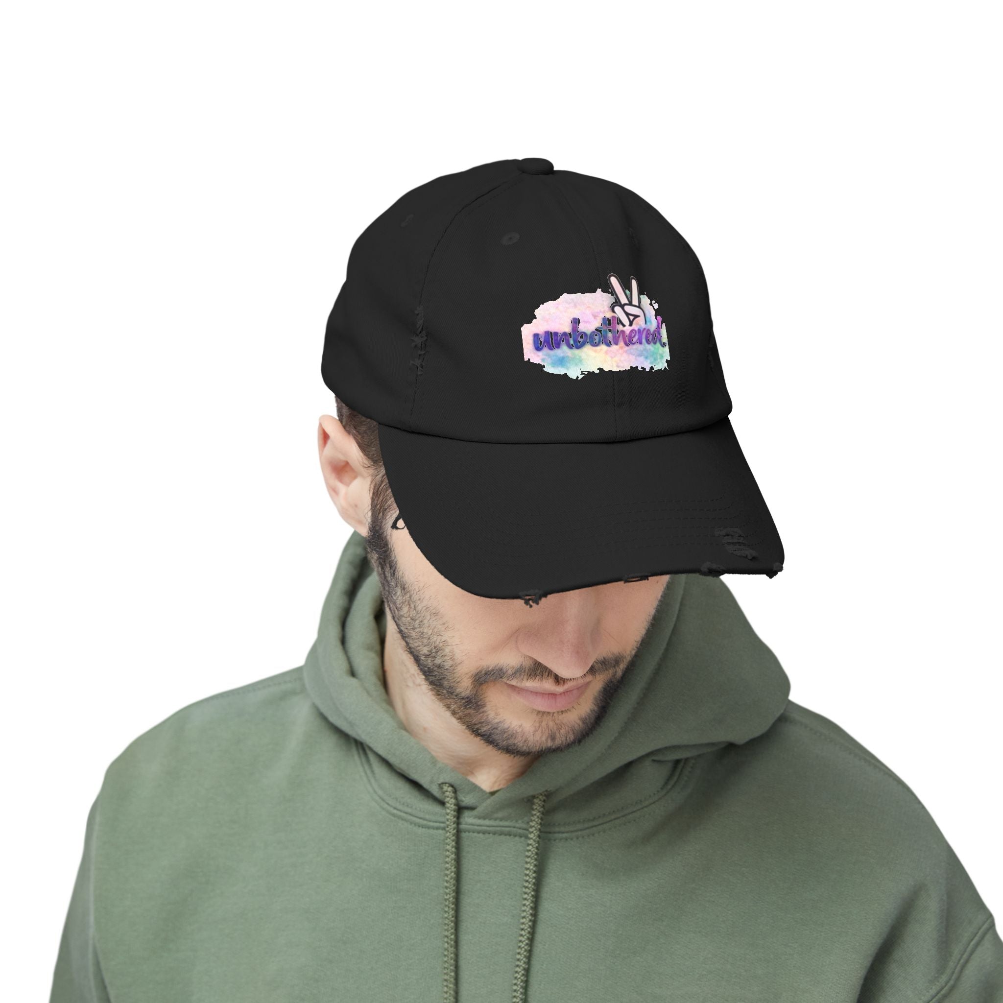 Unbothered Distressed Cap — Pastel Peace Sign Baseball Hat
