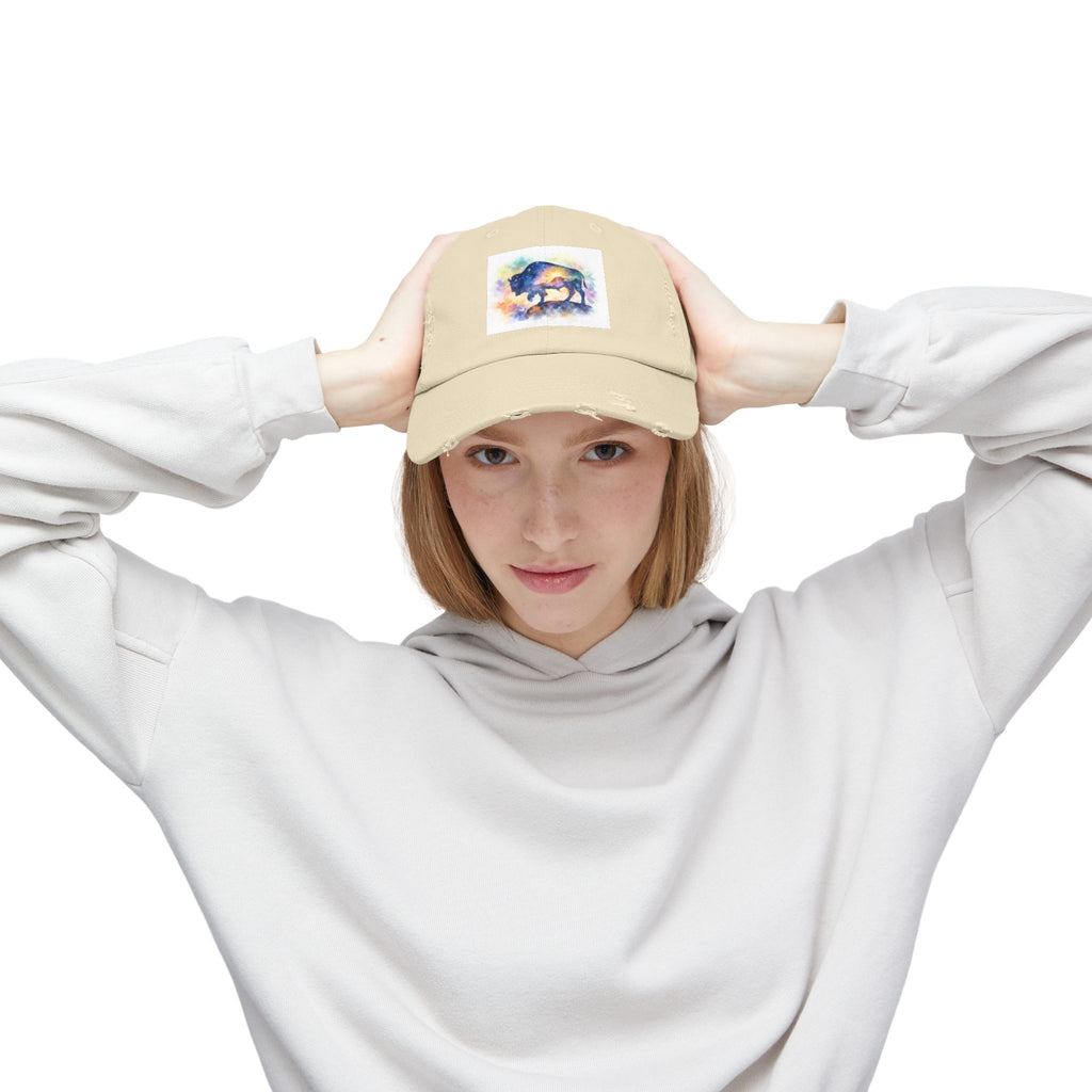 Distressed Buffalo Cap — Watercolor Bison Patch Hat
