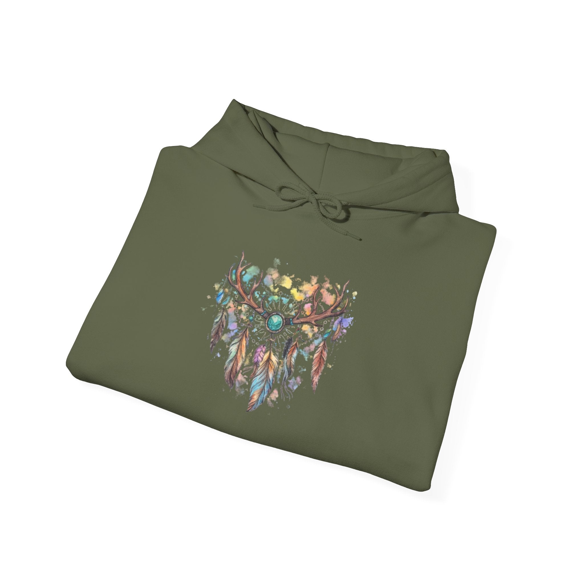 Dreamcatcher Antler Hoodie — Watercolor Feathers & Floral Boho Sweatshirt