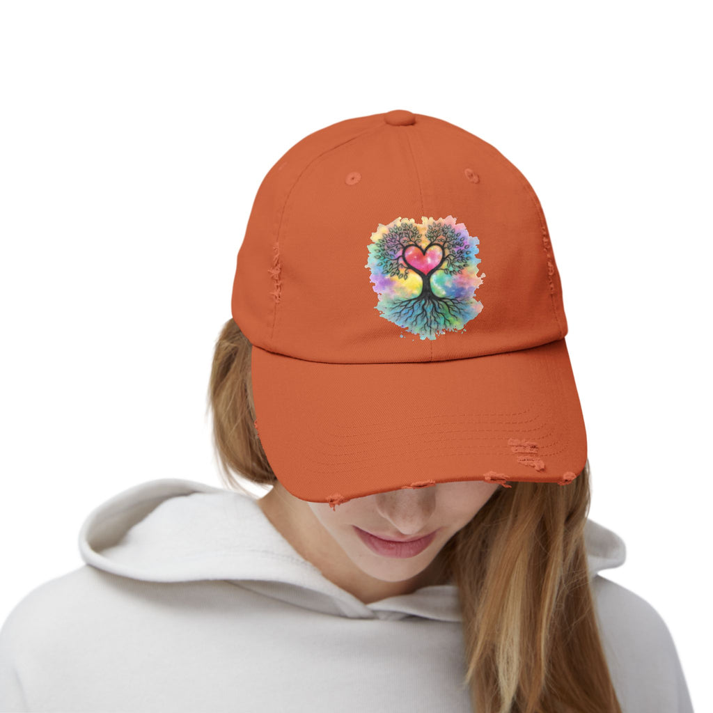 Distressed Dad Hat with Colorful Heart Tree Of Life  Design — Boho Love Cap