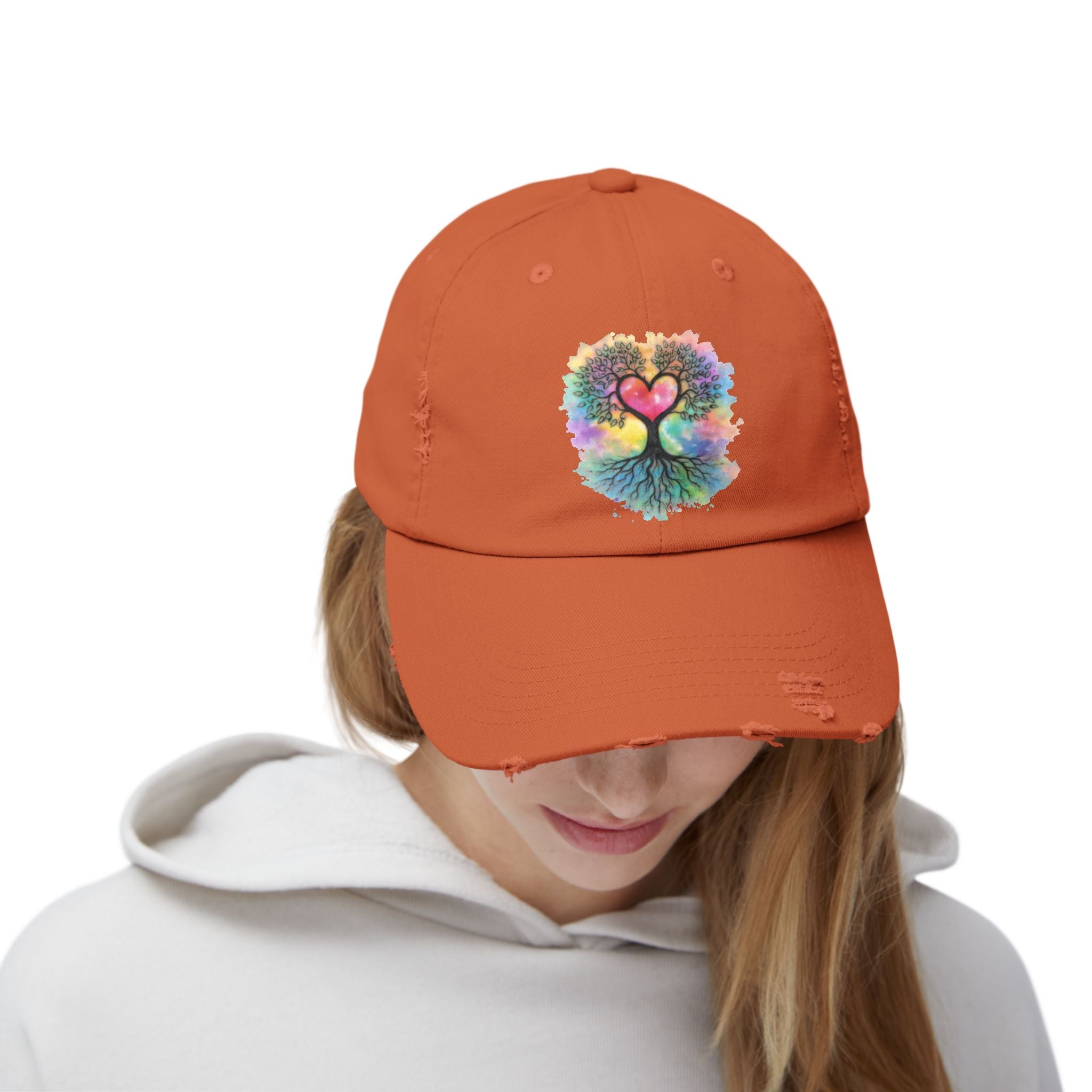 Distressed Dad Hat with Colorful Heart Tree Of Life  Design — Boho Love Cap