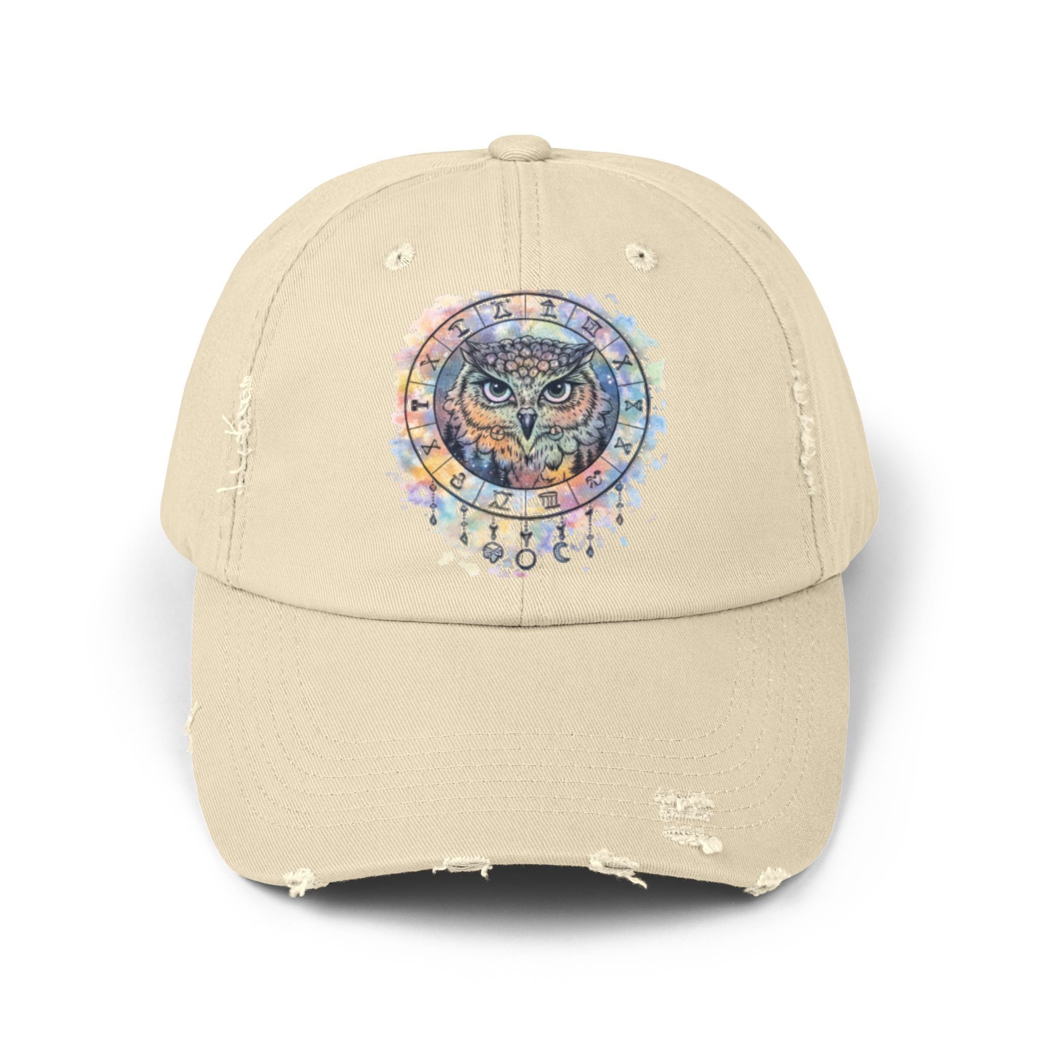 Watercolor Owl Distressed Unisex Hat