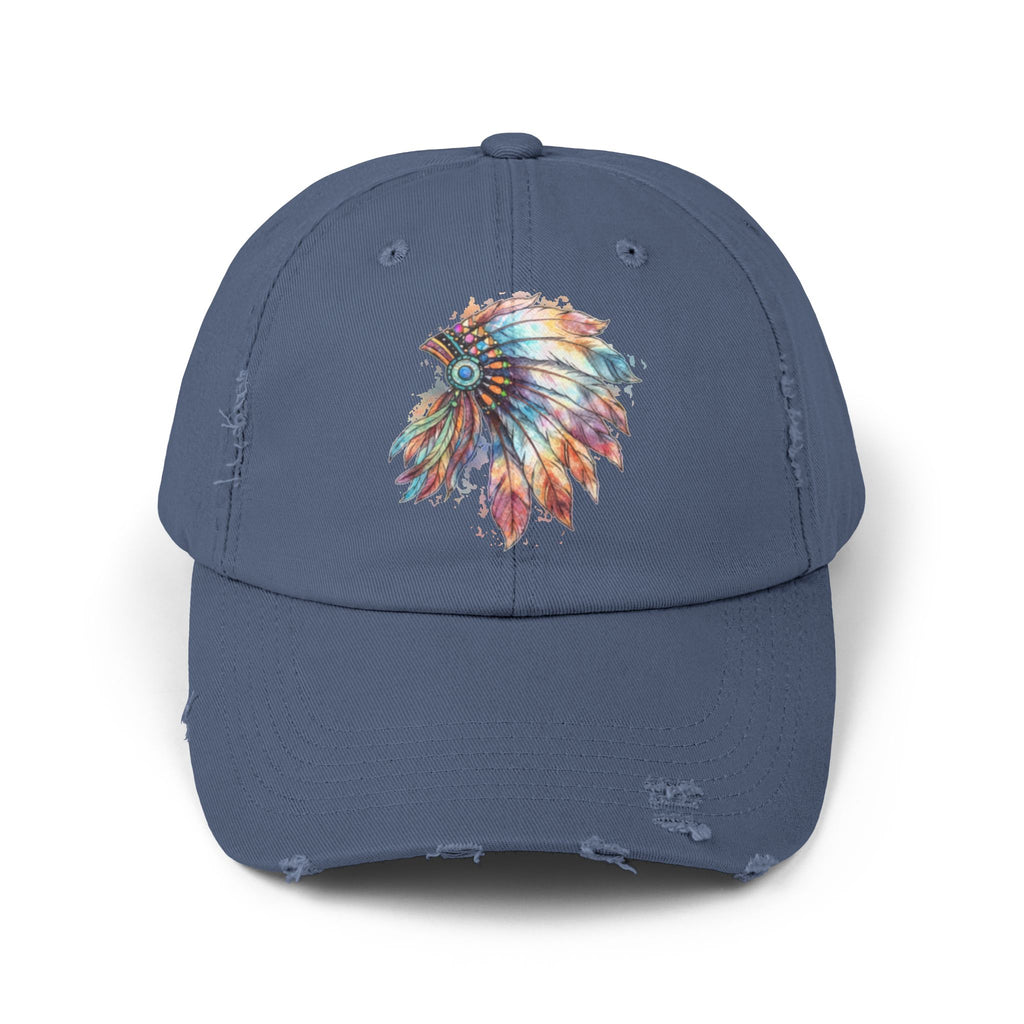 Distressed Cap with Colorful Watercolor Native Feather Headdress
