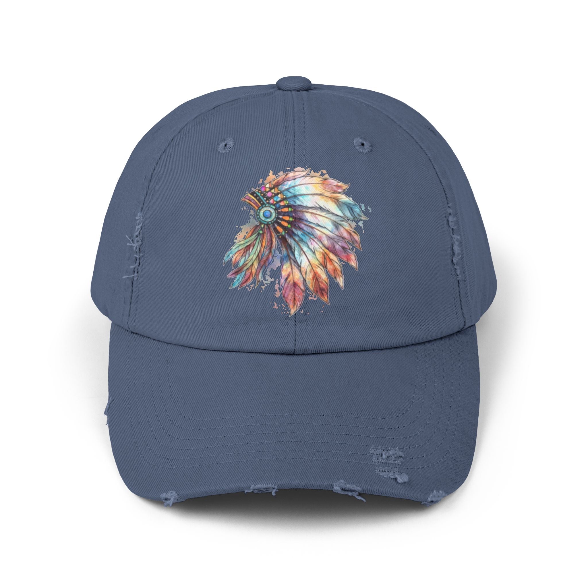 Distressed Cap with Colorful Watercolor Native Feather Headdress