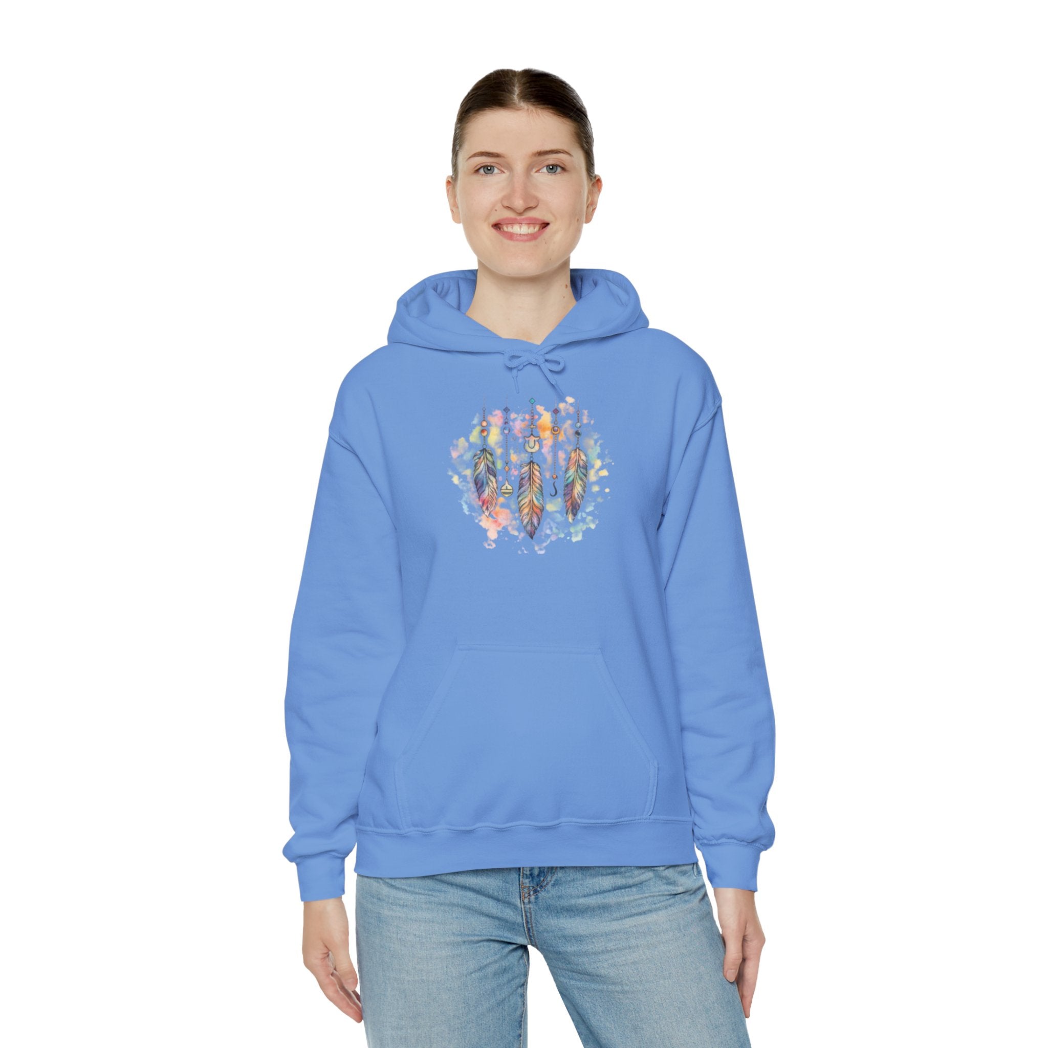 Boho Feather Dreamcatcher Hoodie — Watercolor Tribal Feathers Pullover