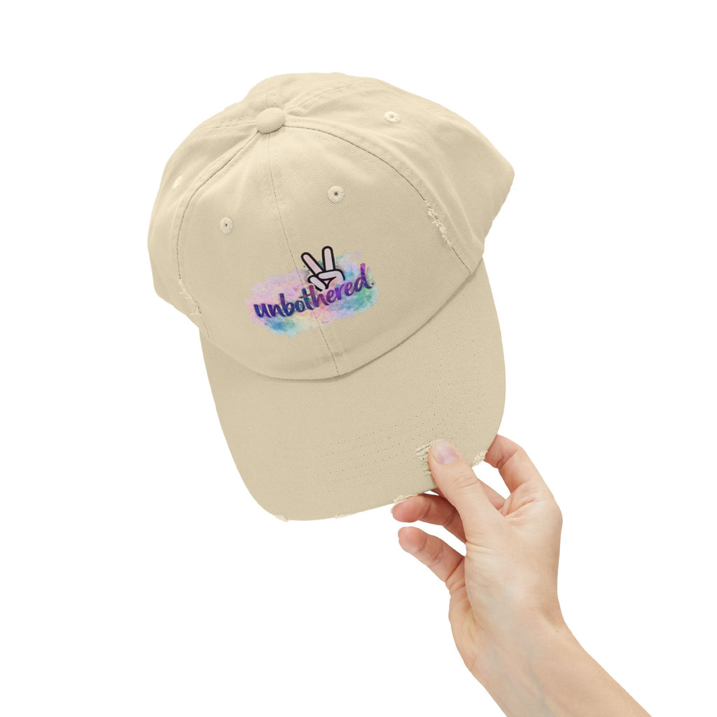 Unbothered Distressed Cap — Pastel Peace Sign Baseball Hat