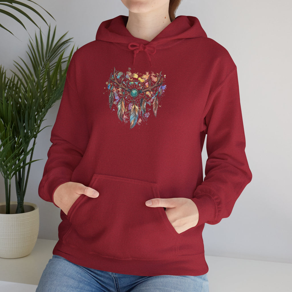 Dreamcatcher Antler Hoodie — Watercolor Feathers & Floral Boho Sweatshirt