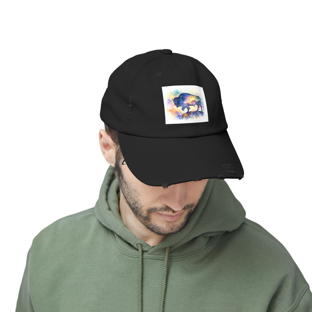 Distressed Buffalo Cap — Watercolor Bison Patch Hat
