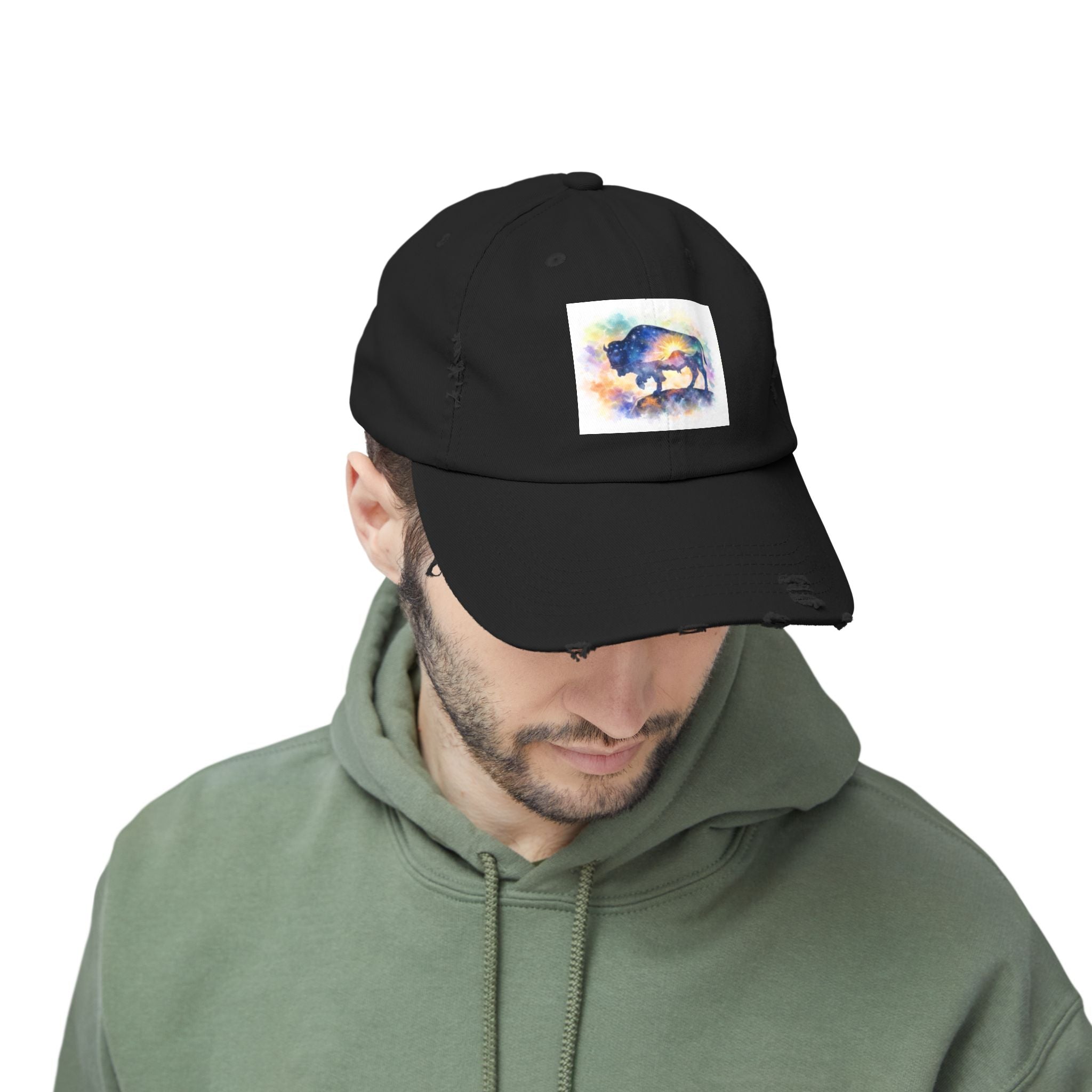 Distressed Buffalo Cap — Watercolor Bison Patch Hat