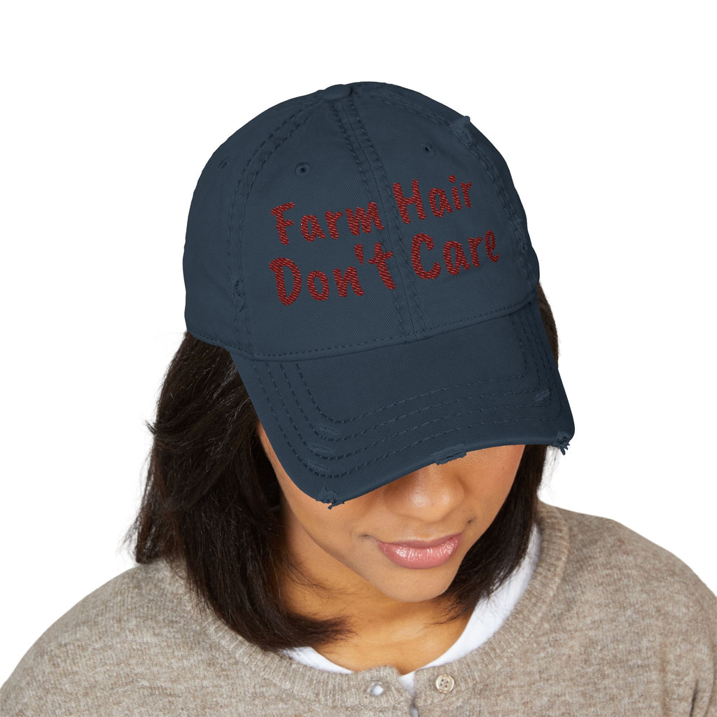 Distressed Dad Hat — "Farm Hair Don’t Care" Embroidered Cap