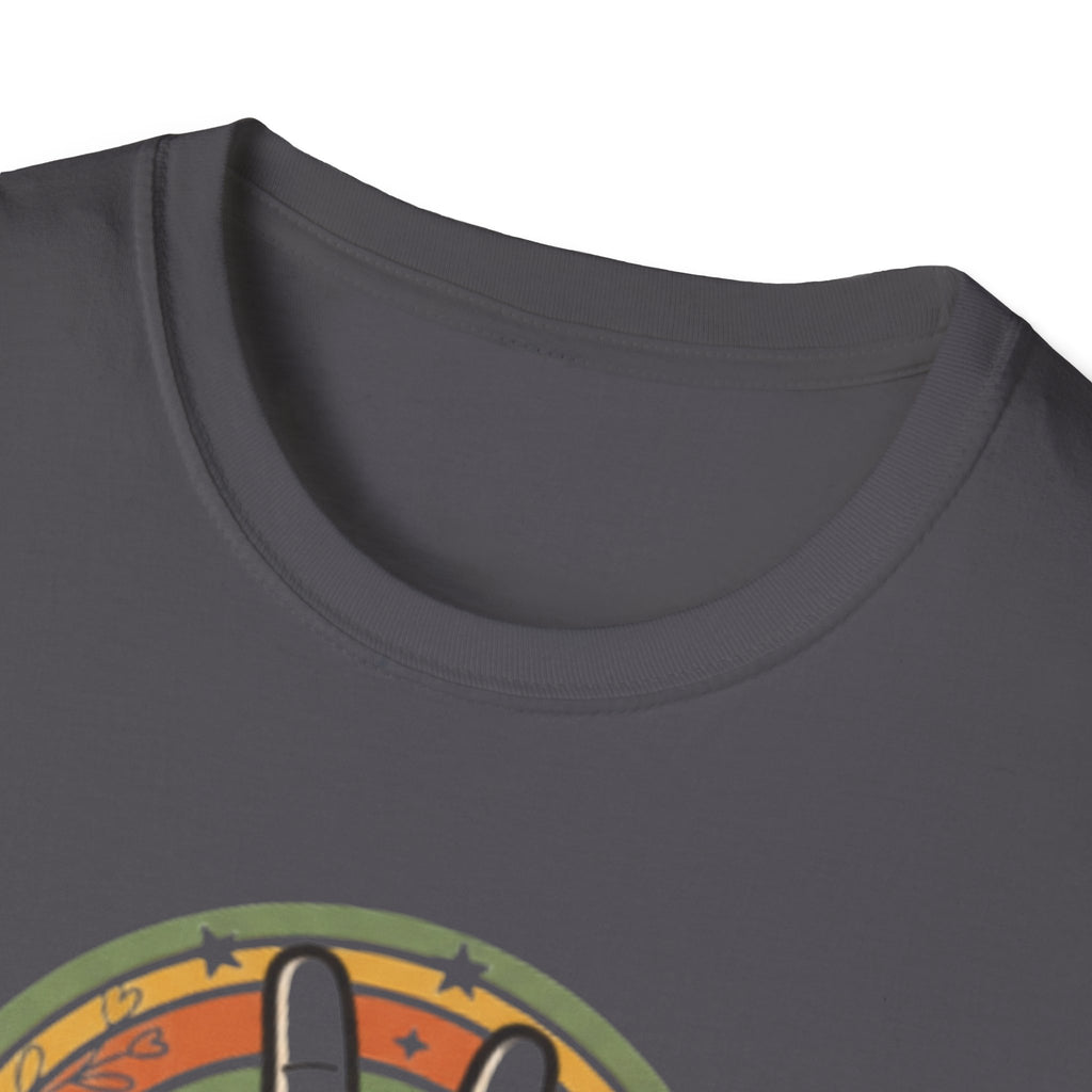 Peace Hand Sign T-Shirt | Retro Rainbow Circle, Vintage Hippie Vibe
