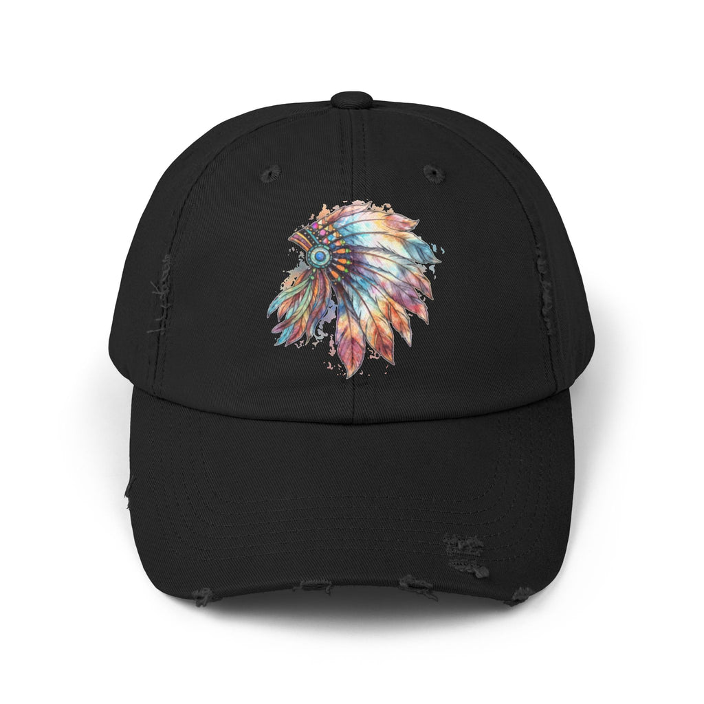 Distressed Cap with Colorful Watercolor Native Feather Headdress