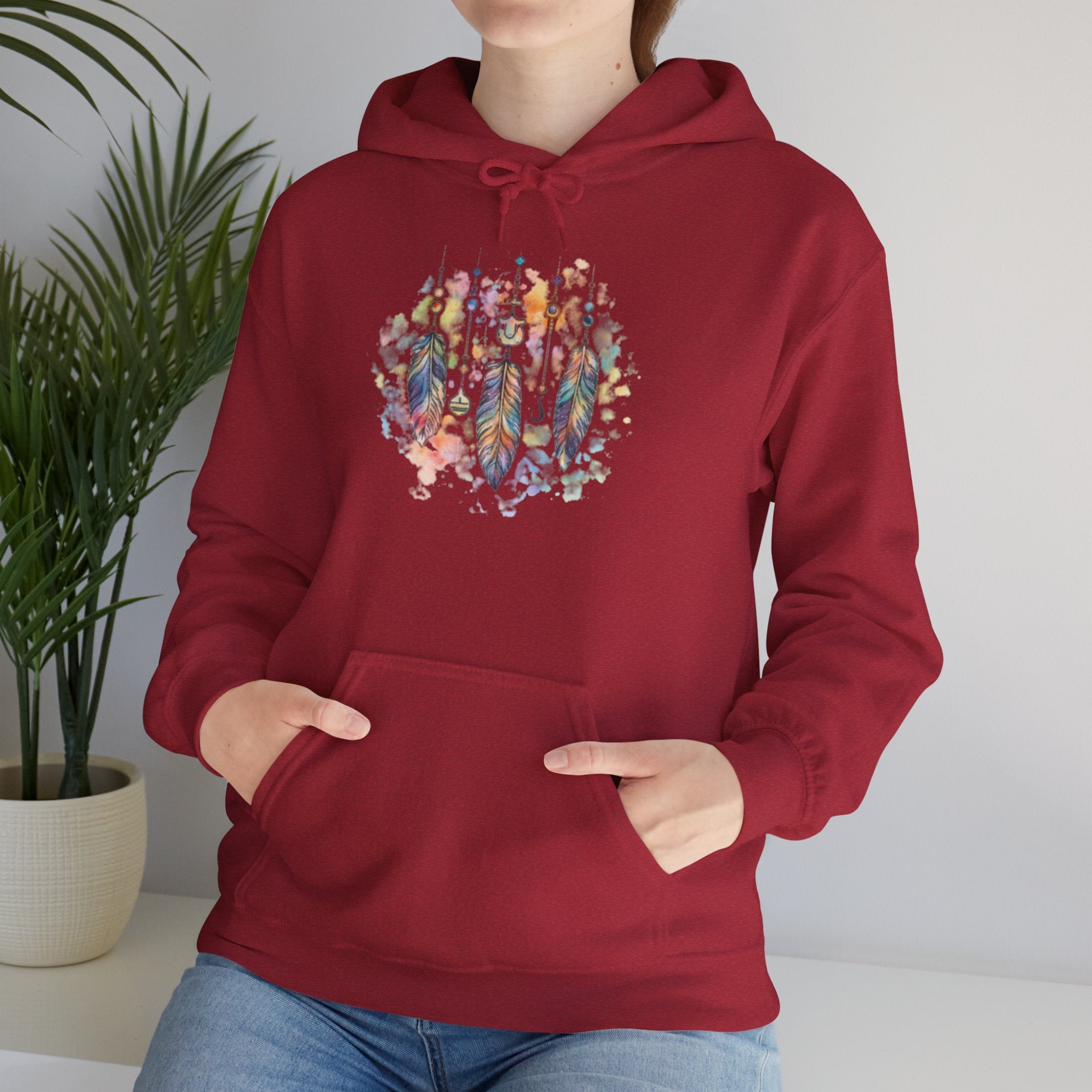 Boho Feather Dreamcatcher Hoodie — Watercolor Tribal Feathers Pullover