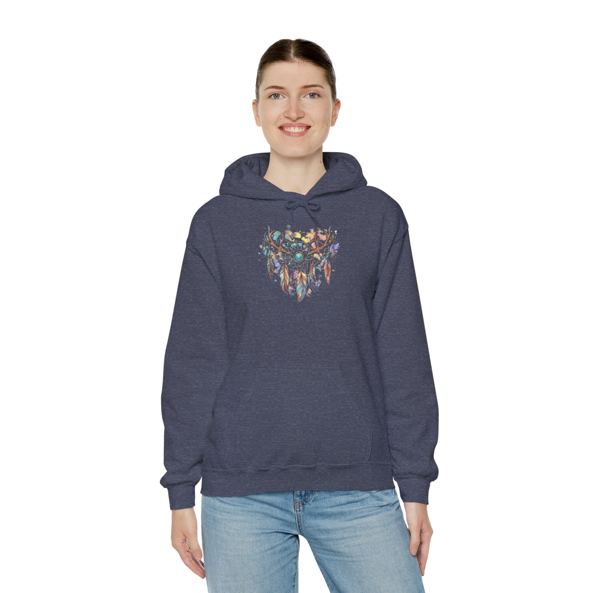 Dreamcatcher Antler Hoodie — Watercolor Feathers & Floral Boho Sweatshirt