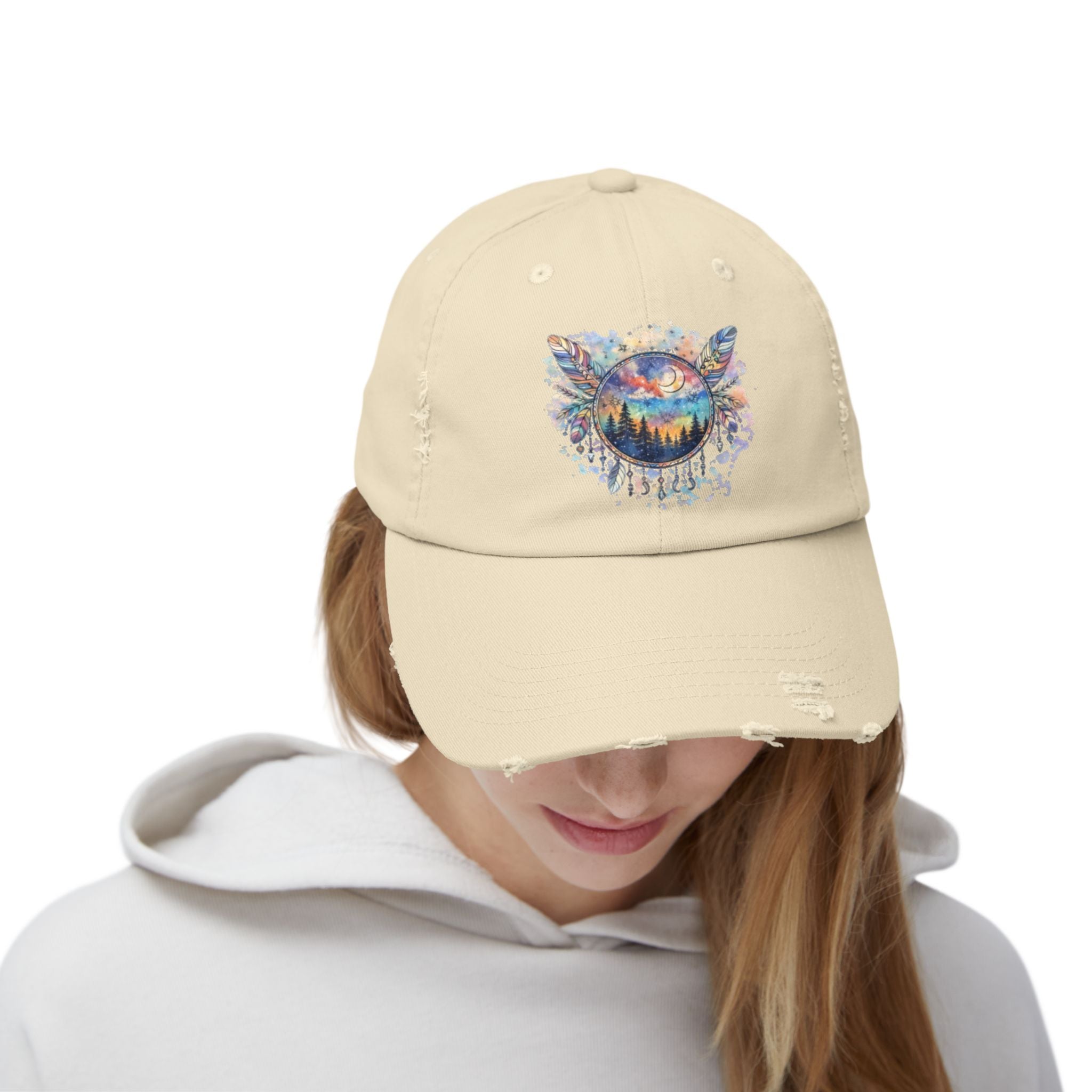 Wolf Moon Distressed Cap — Watercolor Nightscape Hat