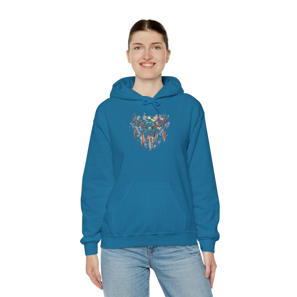 Dreamcatcher Antler Hoodie — Watercolor Feathers & Floral Boho Sweatshirt
