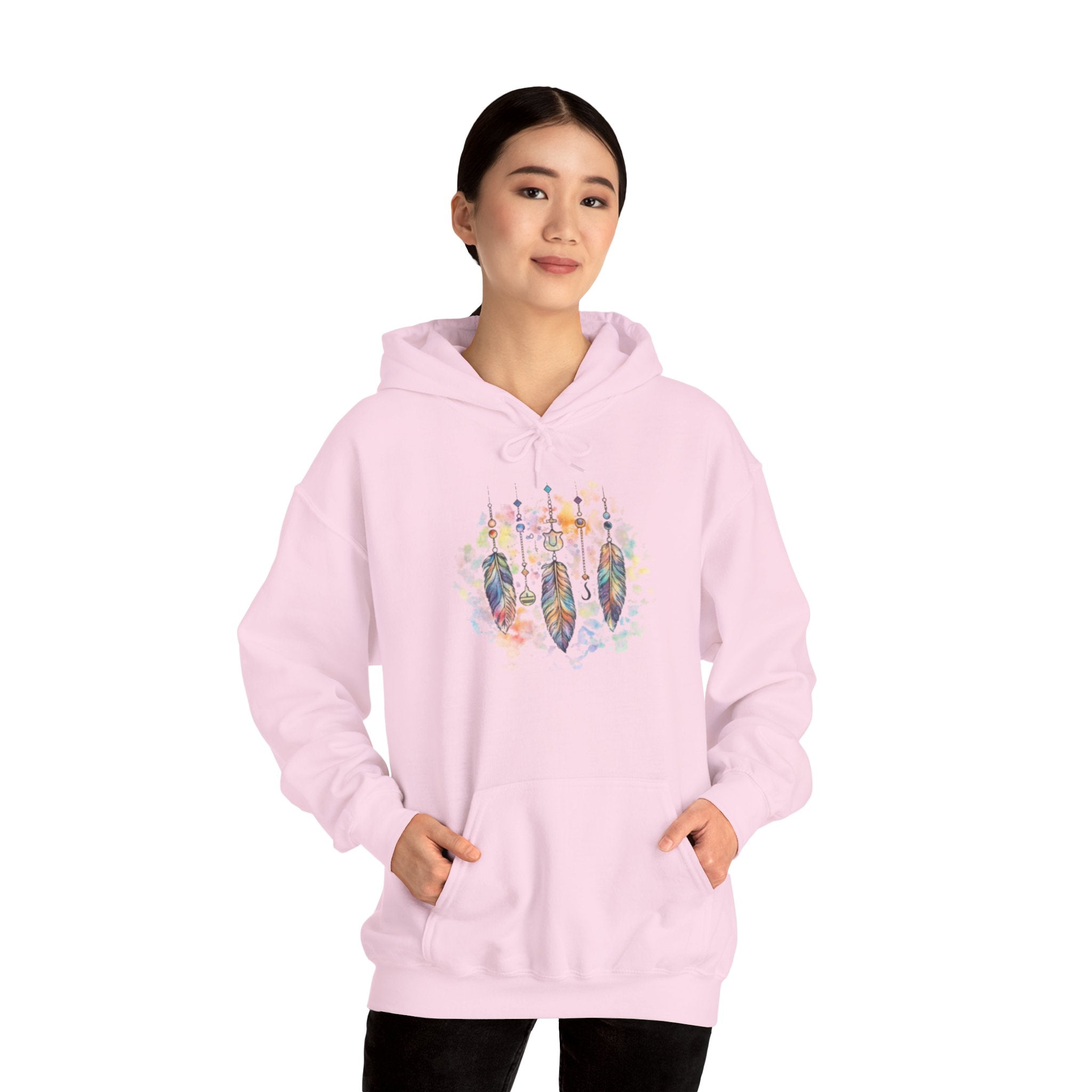 Boho Feather Dreamcatcher Hoodie — Watercolor Tribal Feathers Pullover