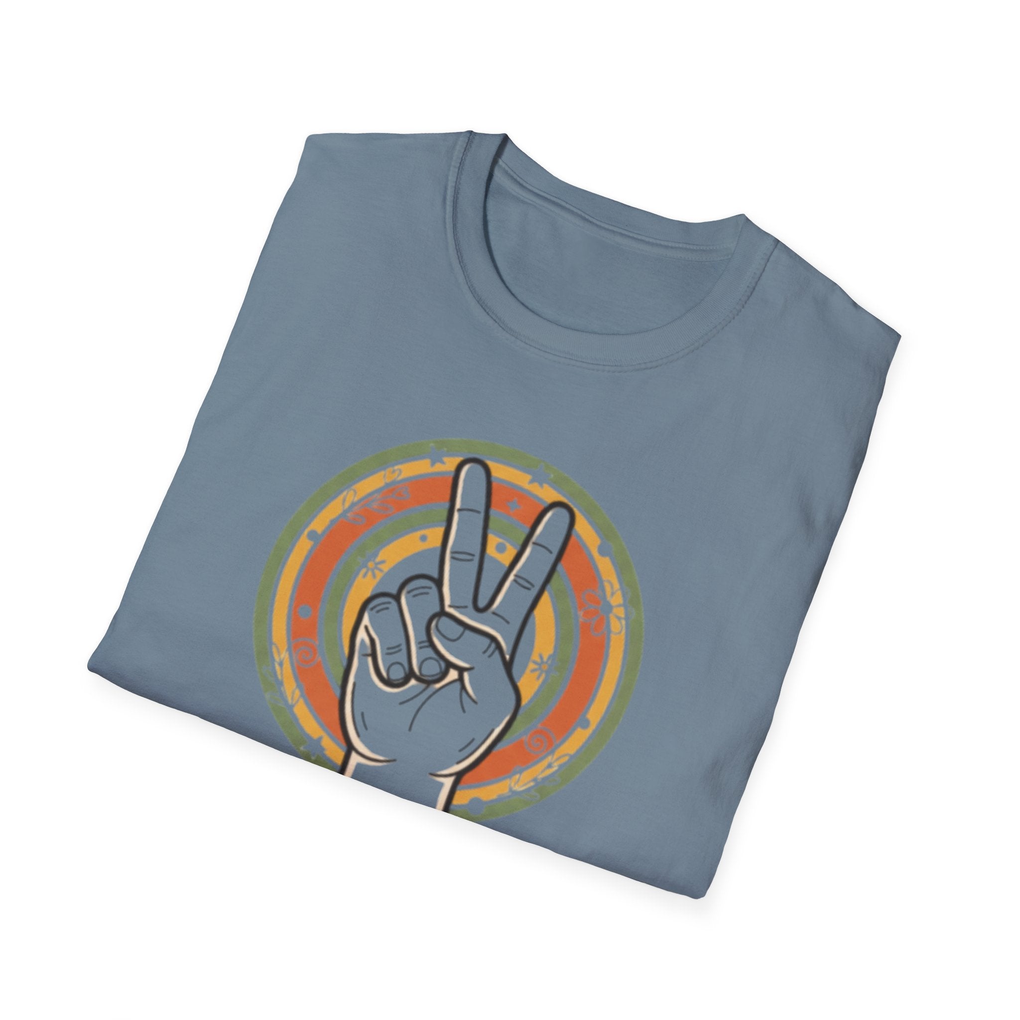 Peace Hand Sign T-Shirt | Retro Rainbow Circle, Vintage Hippie Vibe