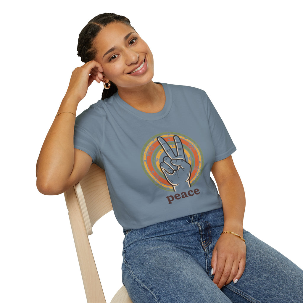 Peace Hand Sign T-Shirt | Retro Rainbow Circle, Vintage Hippie Vibe