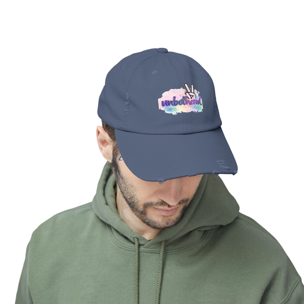 Unbothered Distressed Cap — Pastel Peace Sign Baseball Hat