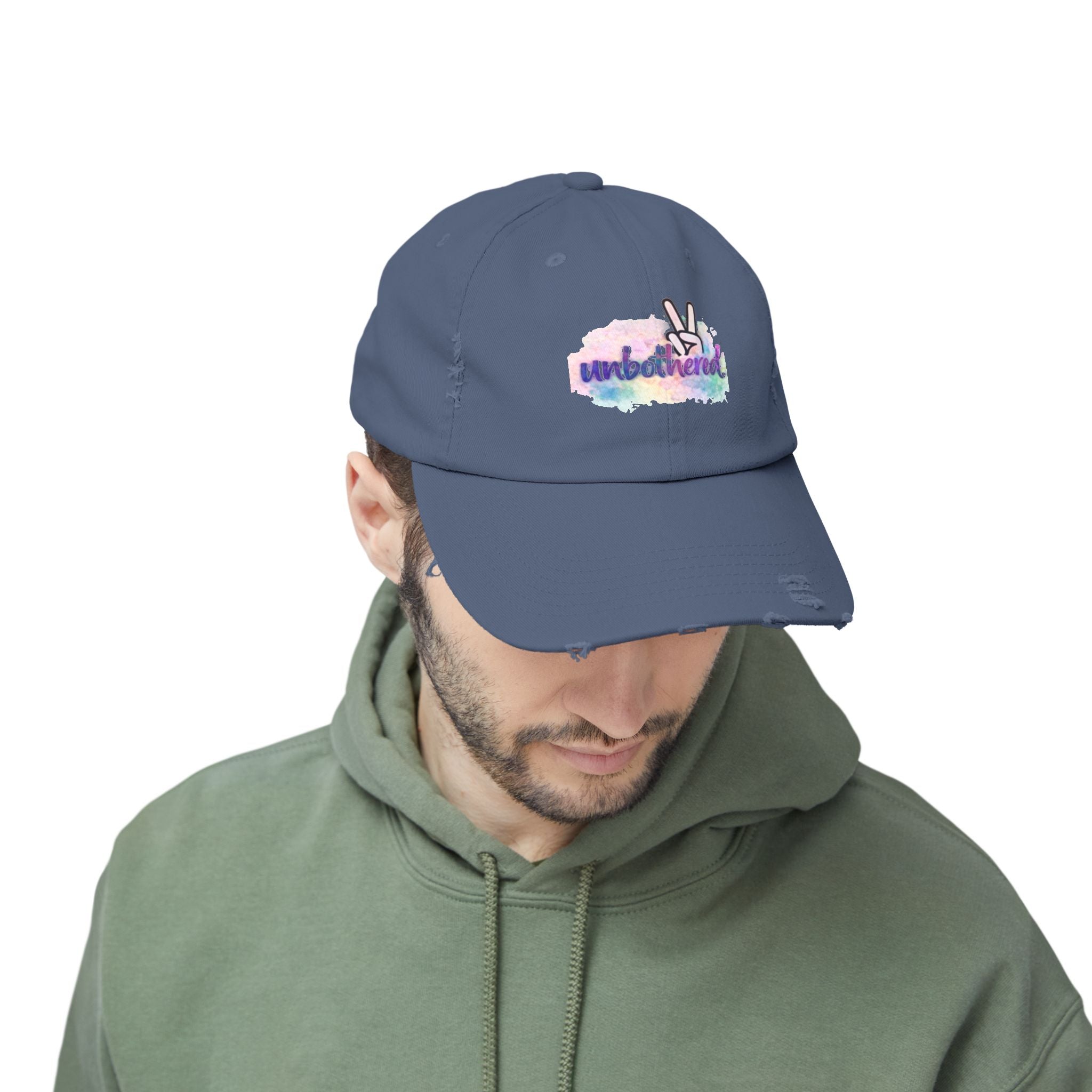 Unbothered Distressed Cap — Pastel Peace Sign Baseball Hat