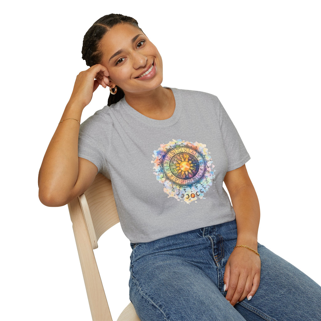 Sun & Moon Zodiac T-Shirt — Watercolor Astrological Mandala Tee