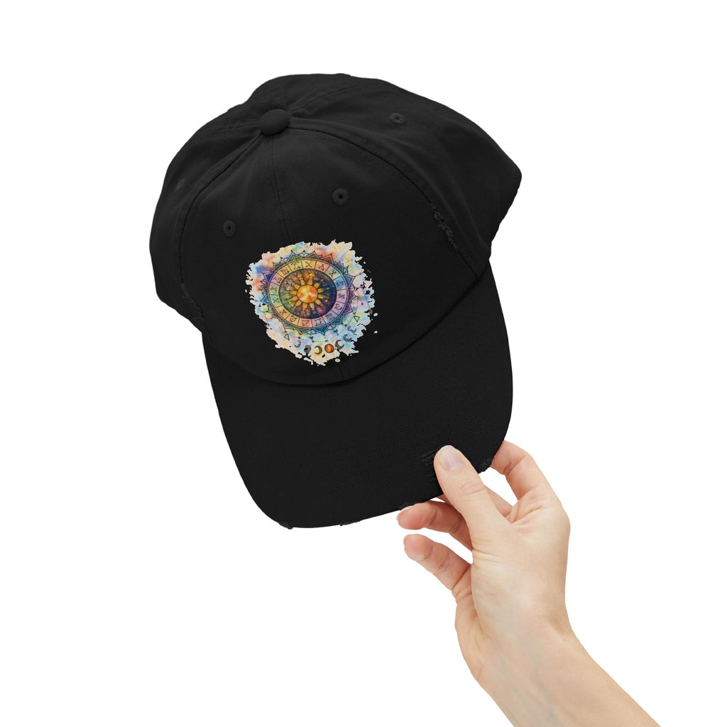 Distressed Cap — Watercolor Compass Mandala Hat