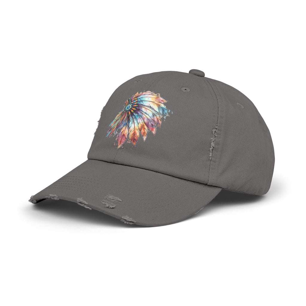 Distressed Cap with Colorful Watercolor Native Feather Headdress