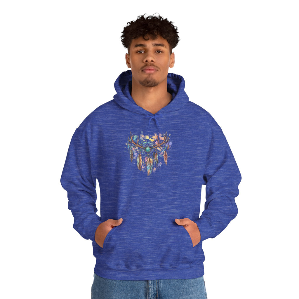 Dreamcatcher Antler Hoodie — Watercolor Feathers & Floral Boho Sweatshirt