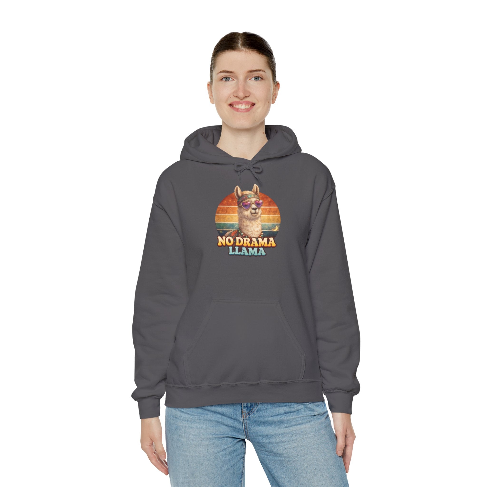 No Drama Llama Hoodie – Retro Sunset Graphic Pullover