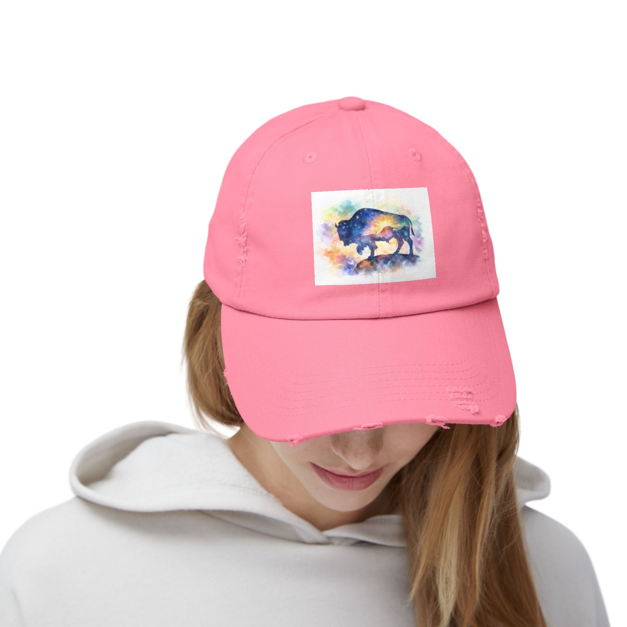 Distressed Buffalo Cap — Watercolor Bison Patch Hat