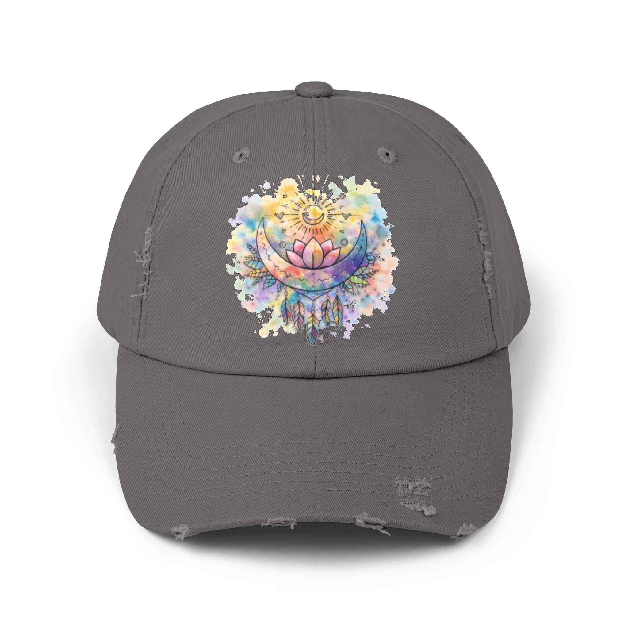 Distressed Cap with Watercolor Lotus & Crescent Moon — Boho Yoga Hat