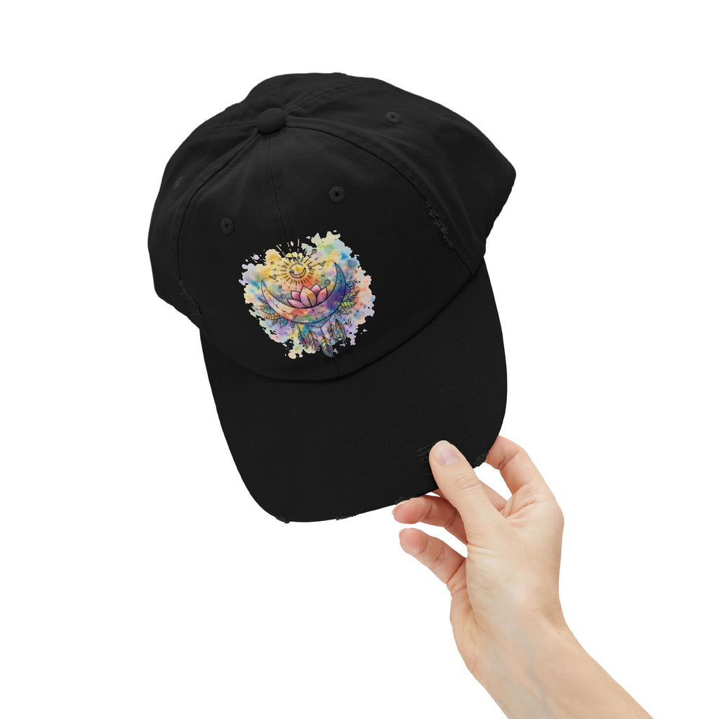 Distressed Cap with Watercolor Lotus & Crescent Moon — Boho Yoga Hat