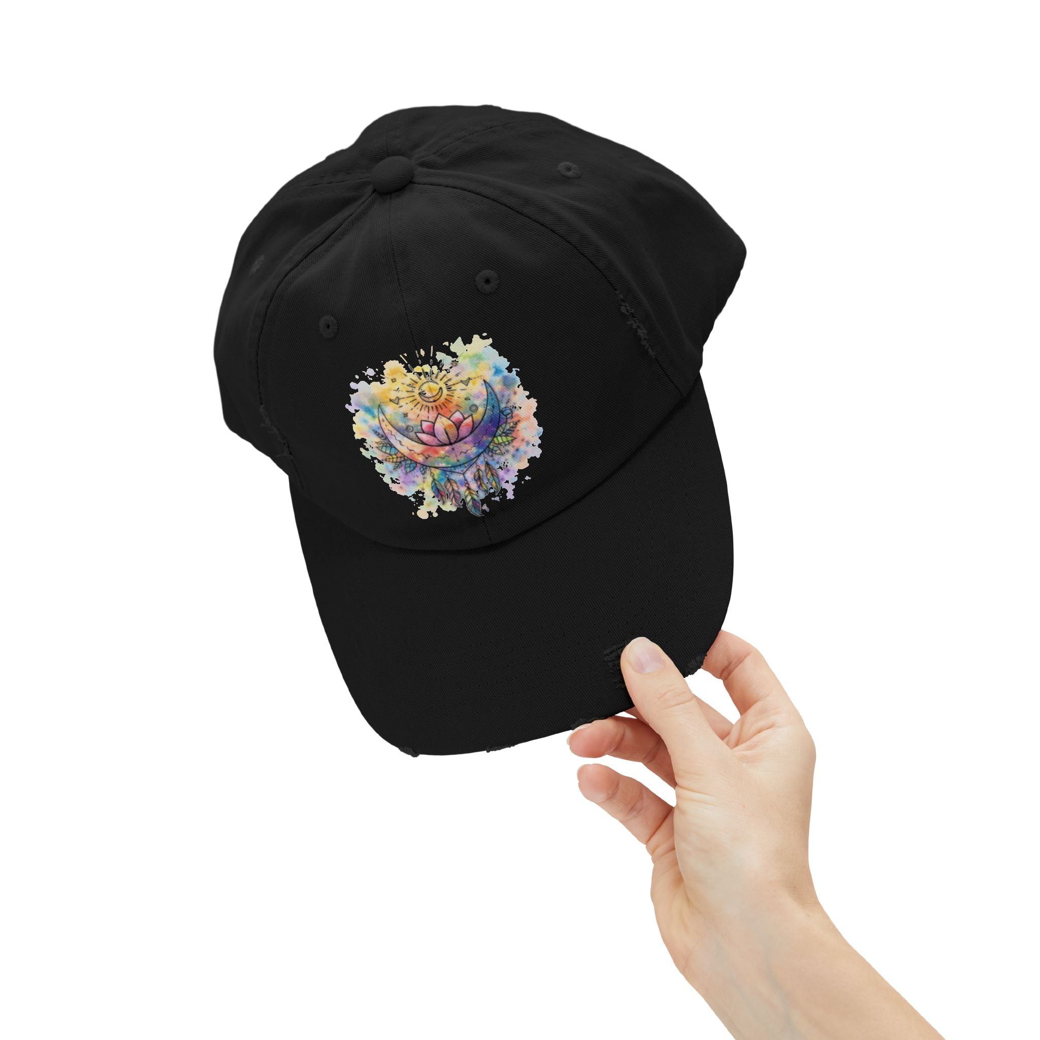 Distressed Cap with Watercolor Lotus & Crescent Moon — Boho Yoga Hat