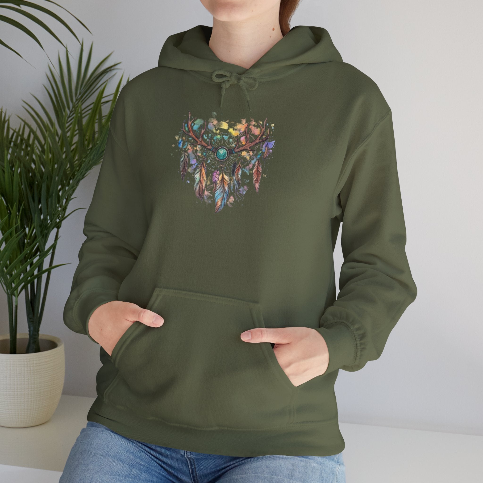 Dreamcatcher Antler Hoodie — Watercolor Feathers & Floral Boho Sweatshirt