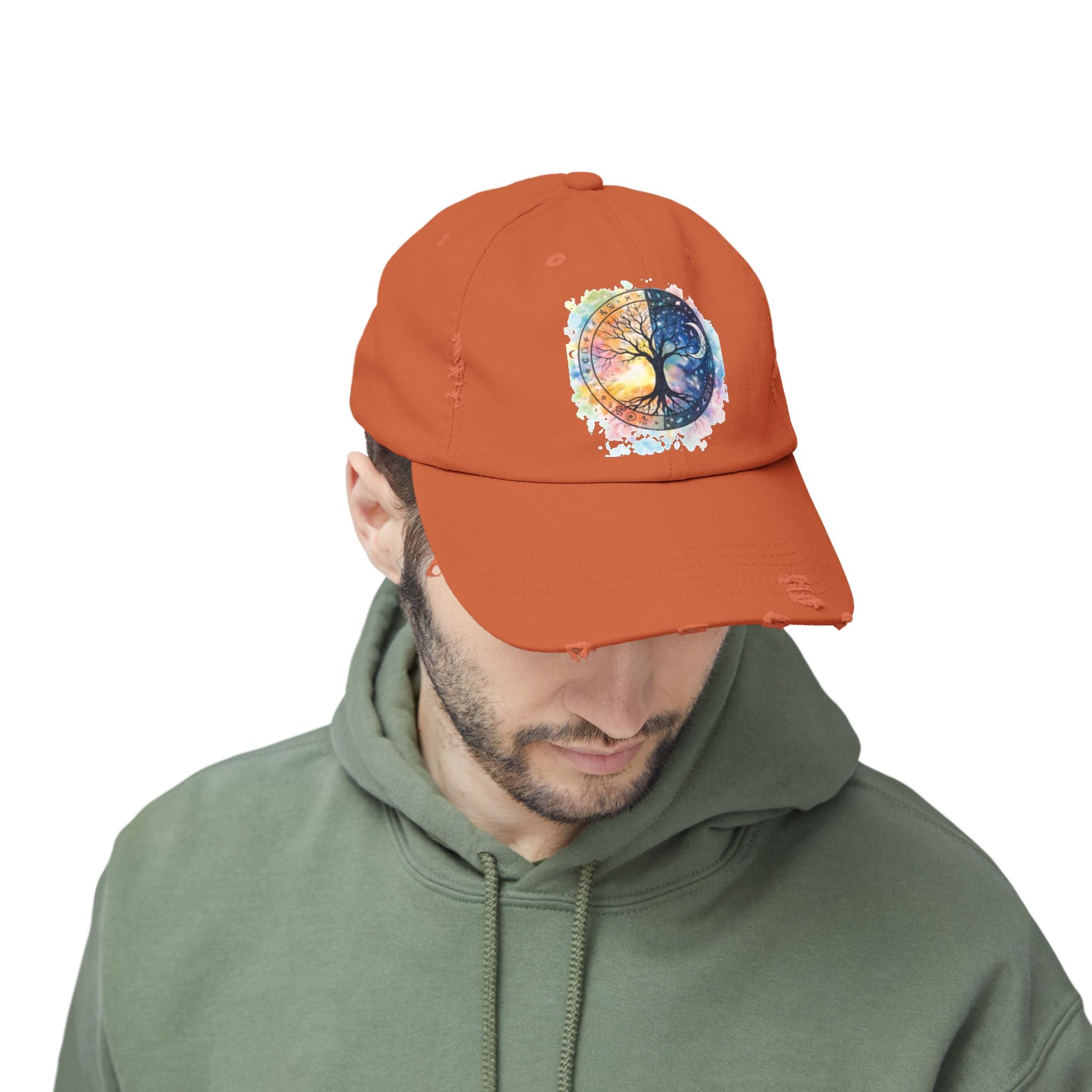 Distressed Cap — Watercolor Yin Yang Tree Baseball Hat
