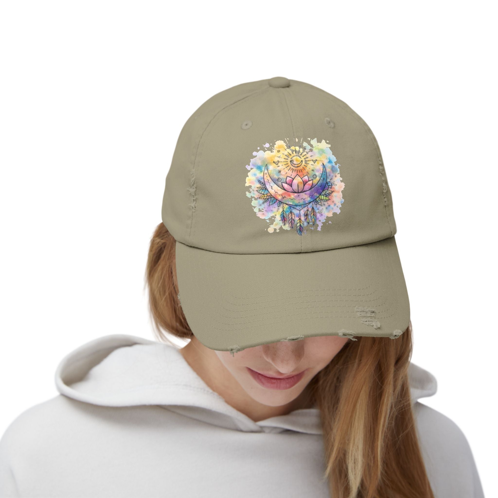 Distressed Cap with Watercolor Lotus & Crescent Moon — Boho Yoga Hat