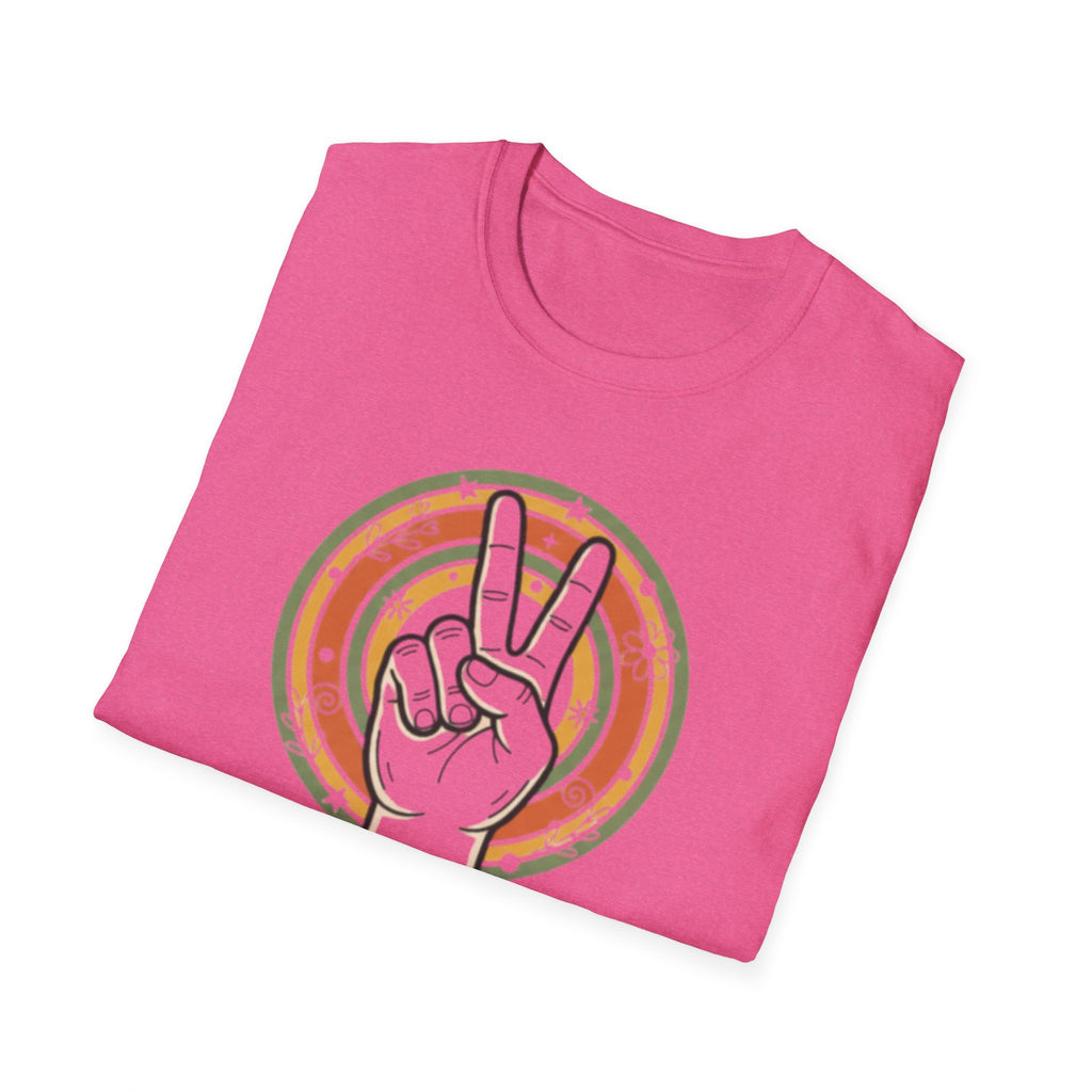 Peace Hand Sign T-Shirt | Retro Rainbow Circle, Vintage Hippie Vibe