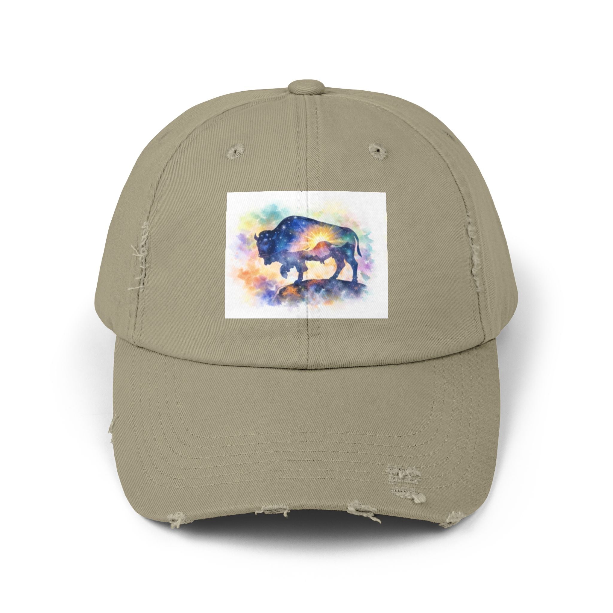 Distressed Buffalo Cap — Watercolor Bison Patch Hat