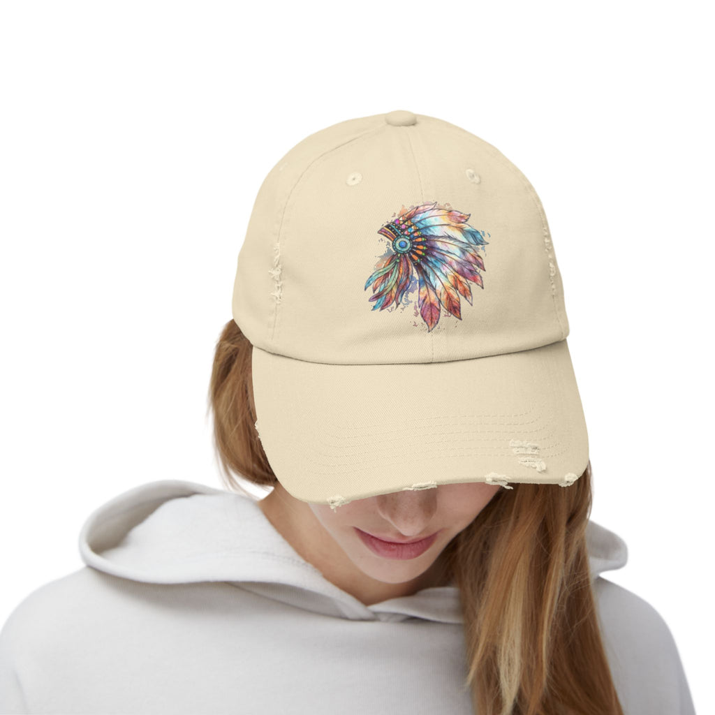 Distressed Cap with Colorful Watercolor Native Feather Headdress