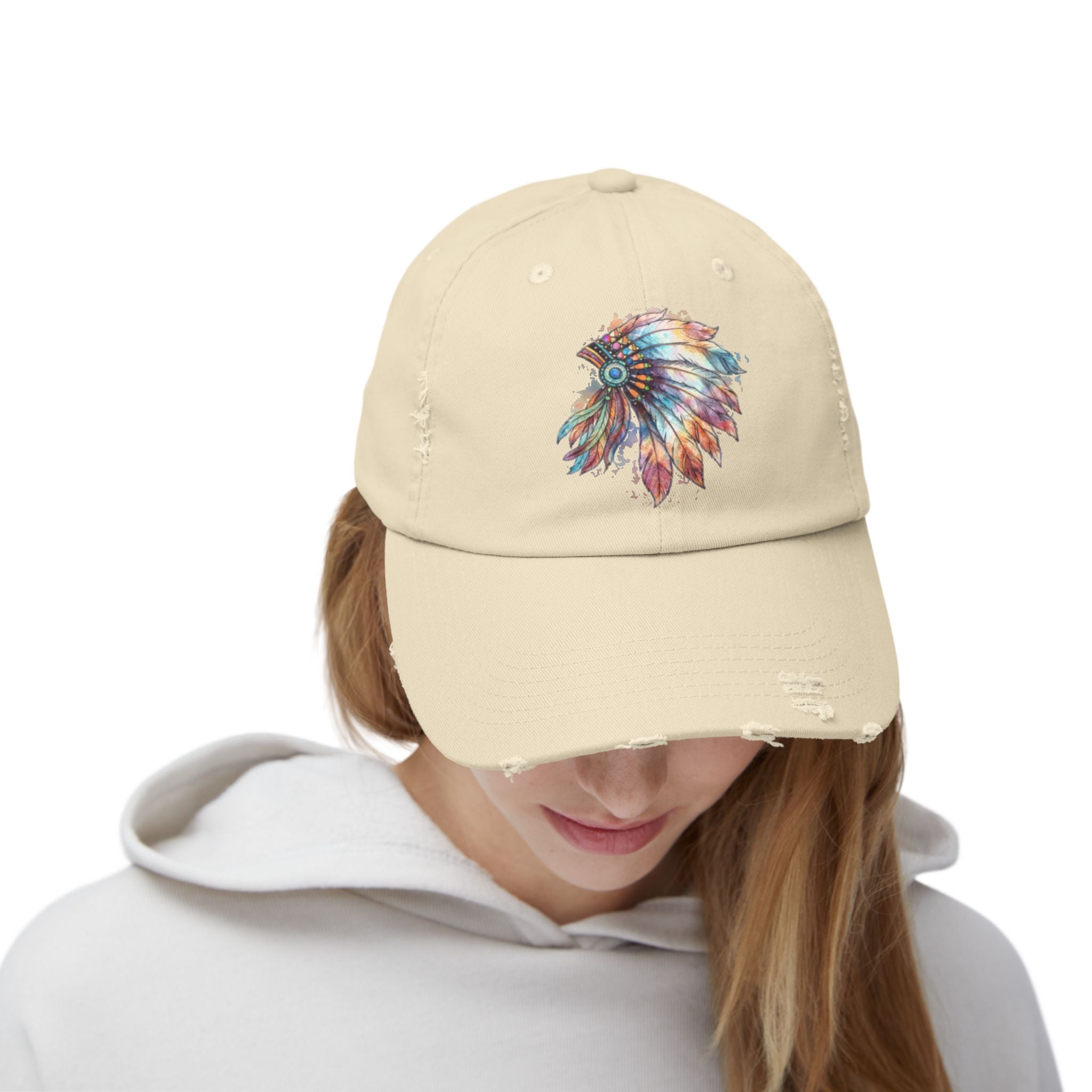 Distressed Cap with Colorful Watercolor Native Feather Headdress