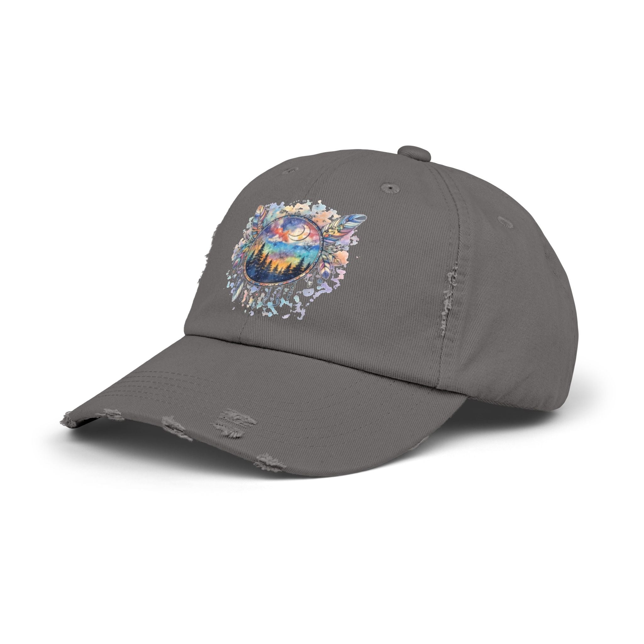 Wolf Moon Distressed Cap — Watercolor Nightscape Hat