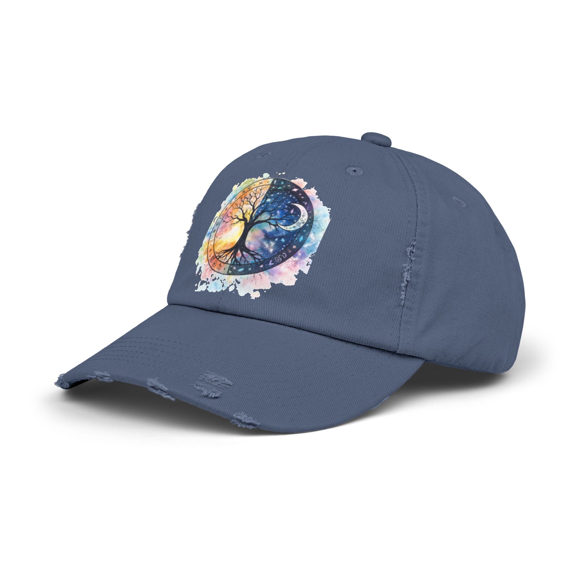 Distressed Cap — Watercolor Yin Yang Tree Baseball Hat