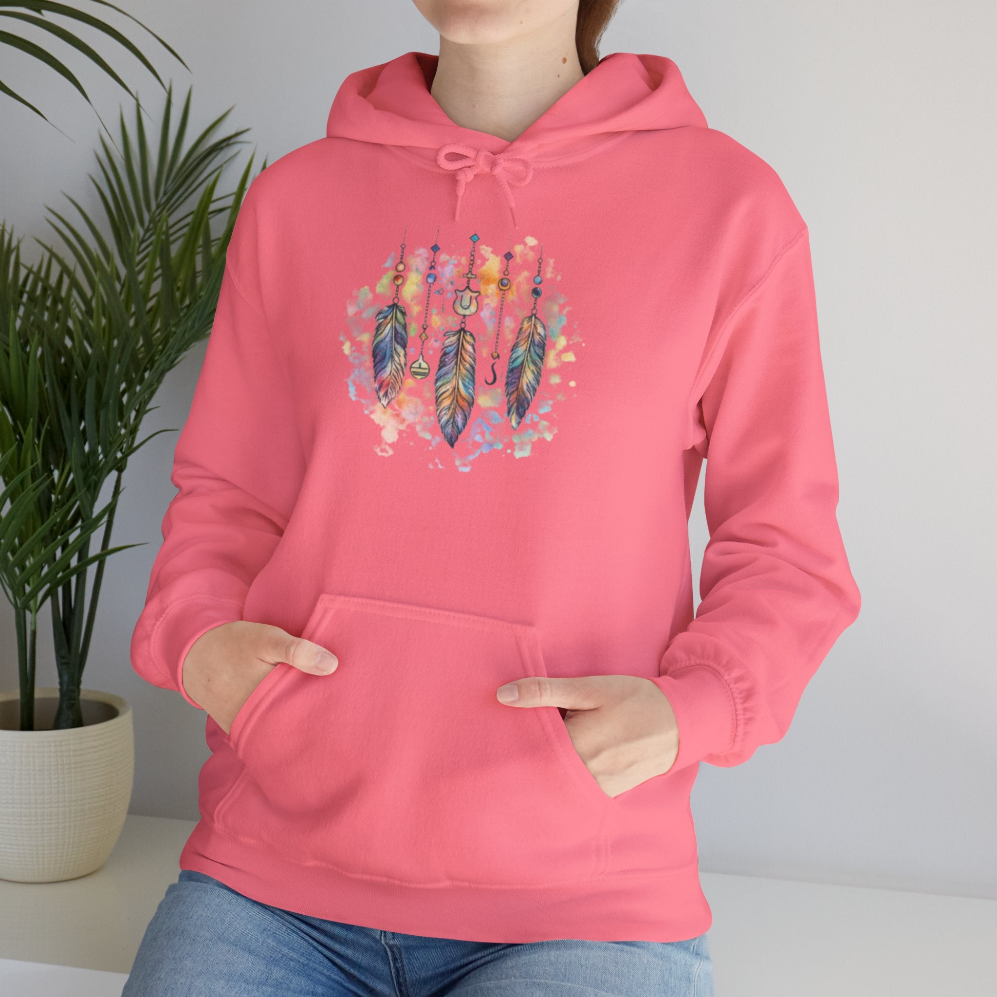 Boho Feather Dreamcatcher Hoodie — Watercolor Tribal Feathers Pullover