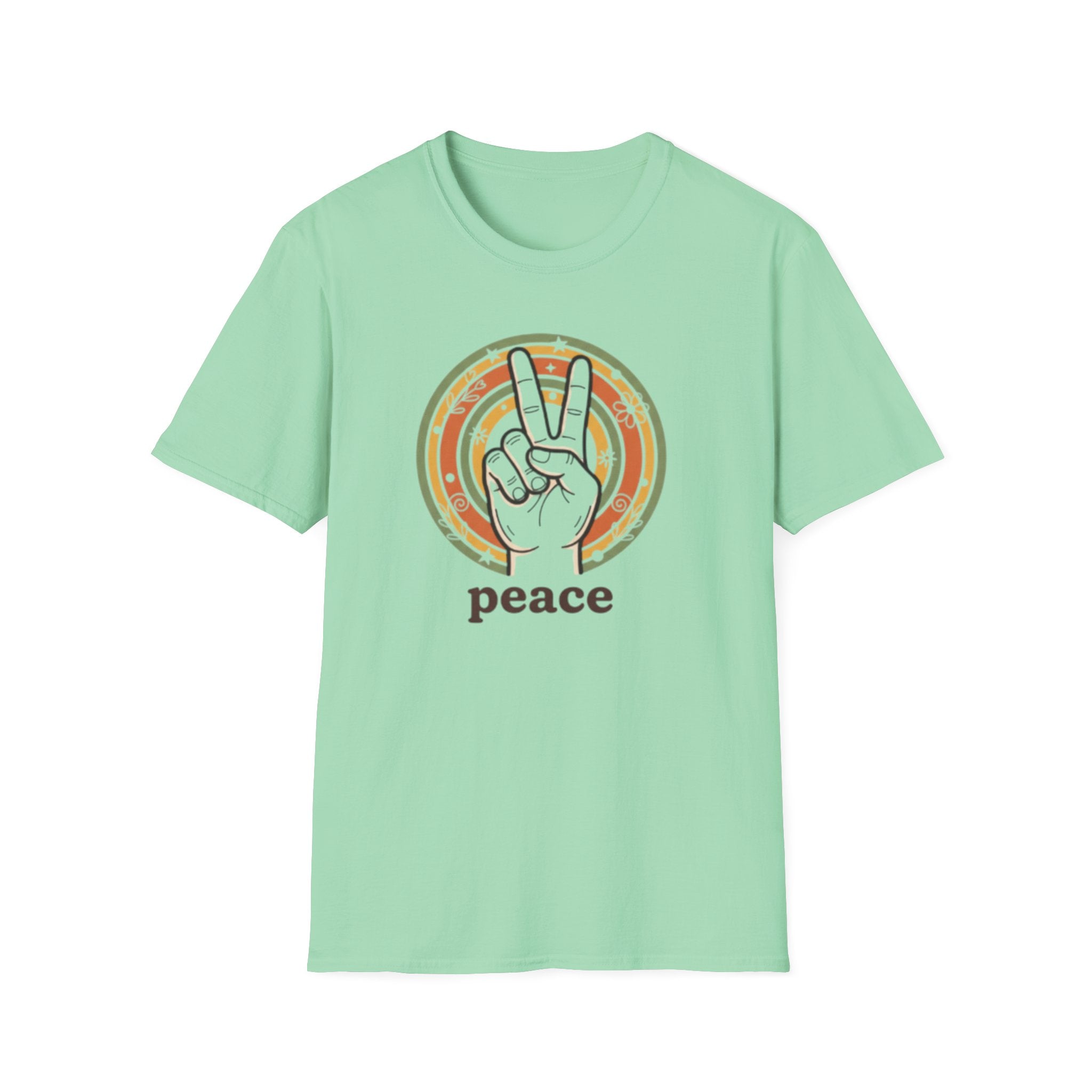 Peace Hand Sign T-Shirt | Retro Rainbow Circle, Vintage Hippie Vibe
