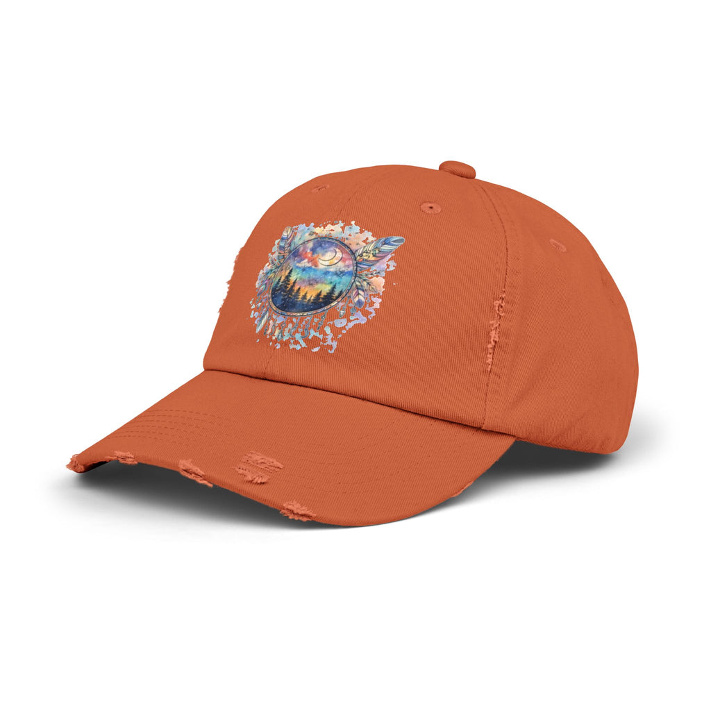 Wolf Moon Distressed Cap — Watercolor Nightscape Hat