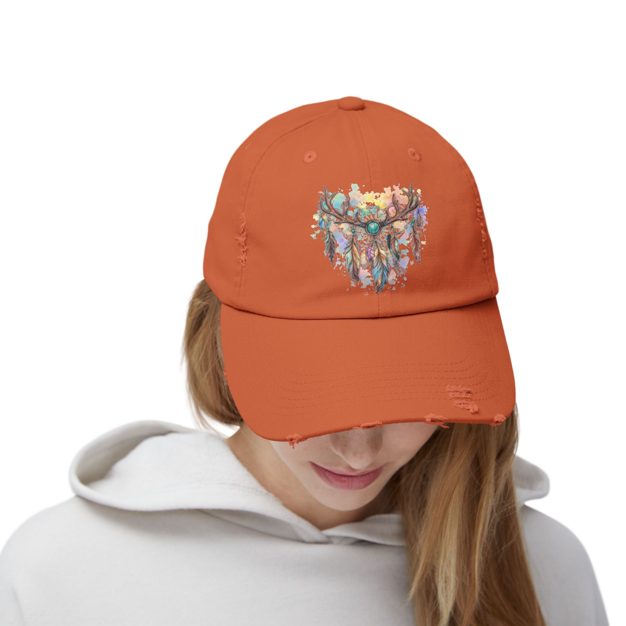 Distressed Hat. Watercolor Antler Dreamcatcher