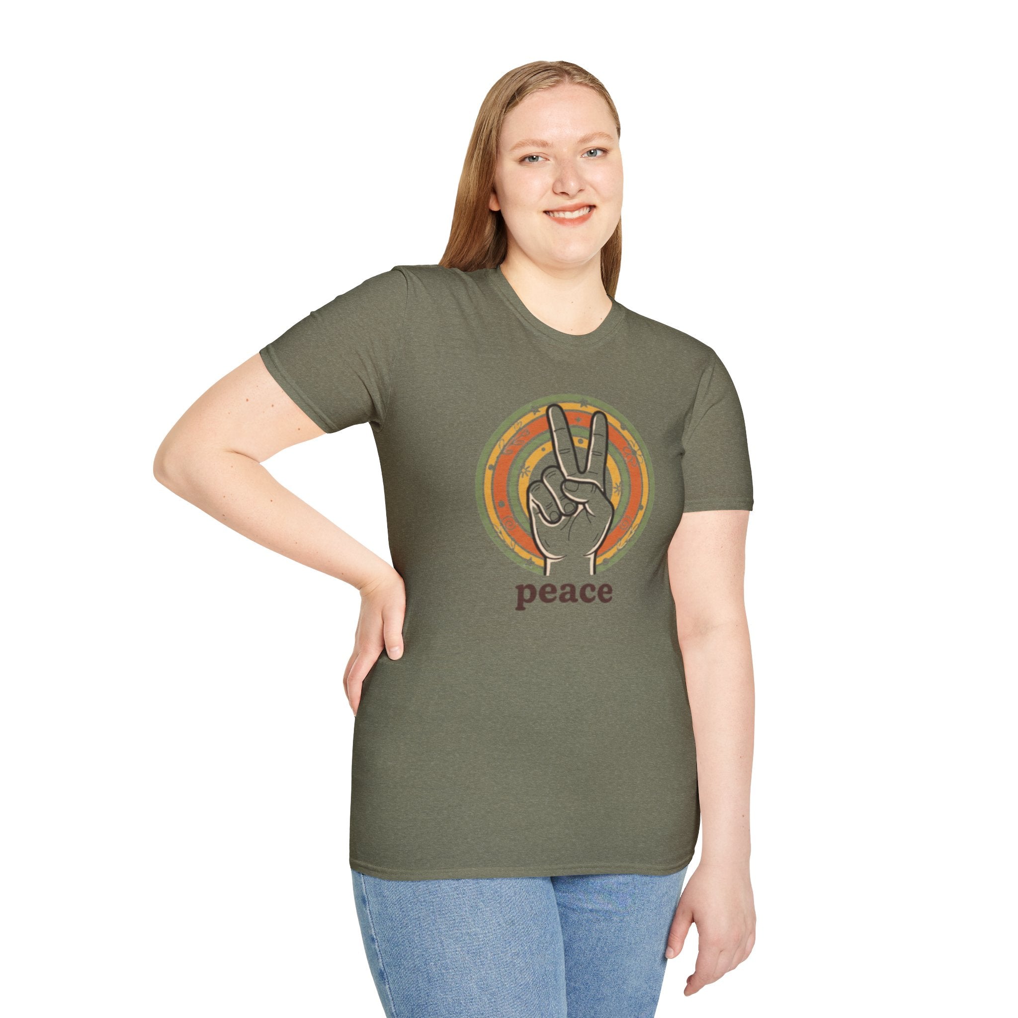 Peace Hand Sign T-Shirt | Retro Rainbow Circle, Vintage Hippie Vibe