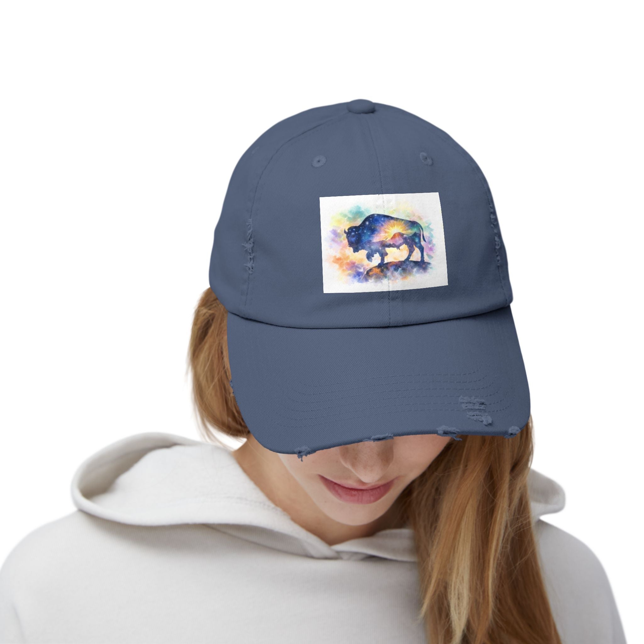 Distressed Buffalo Cap — Watercolor Bison Patch Hat